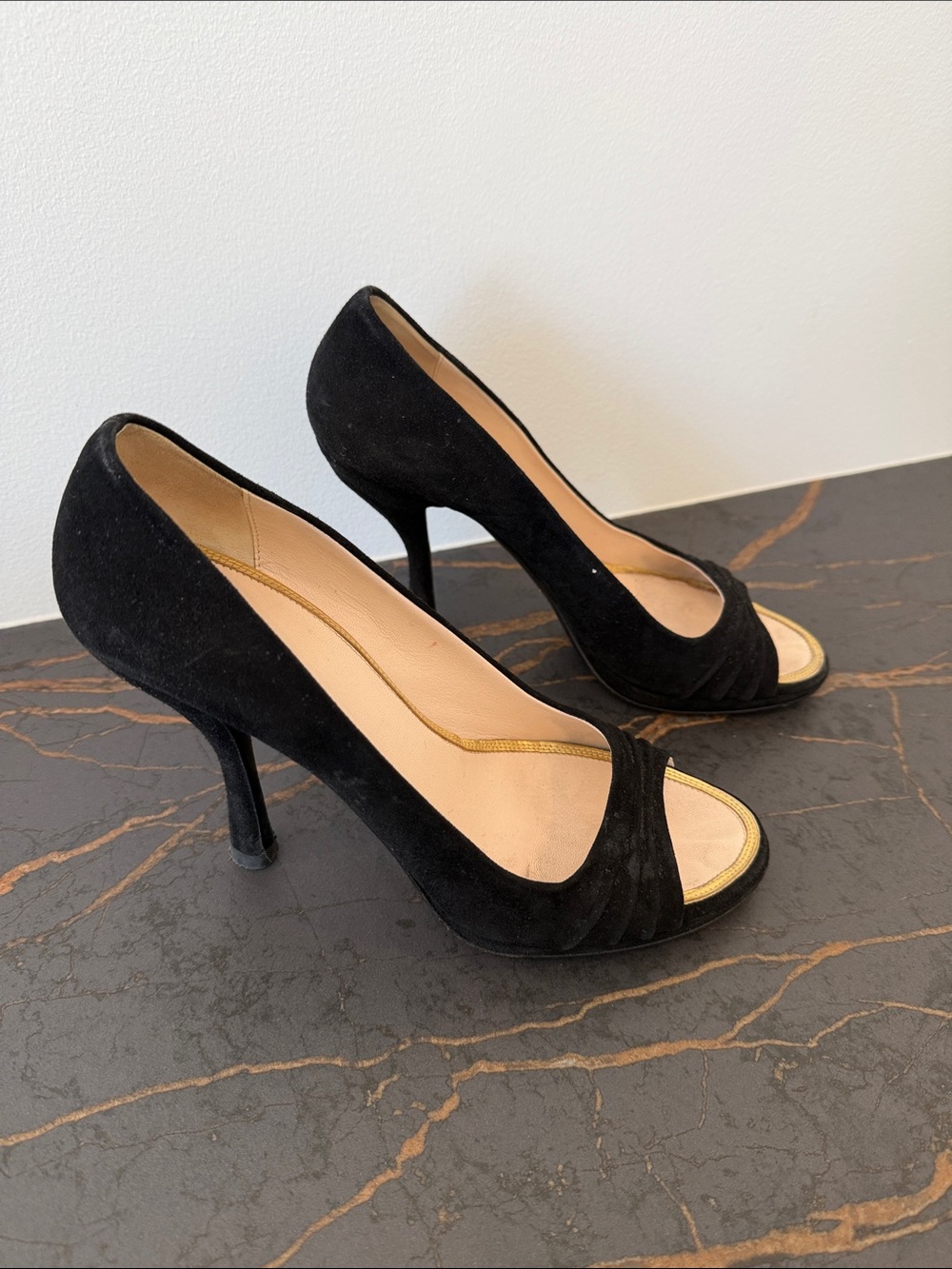 Prada Black Suede Peep-Toe Heels with Gold Accent